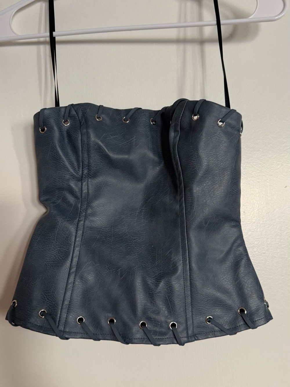 Princess Polly Strapless Dark Blue Faux-Leather Corset tube Top US0/XS
